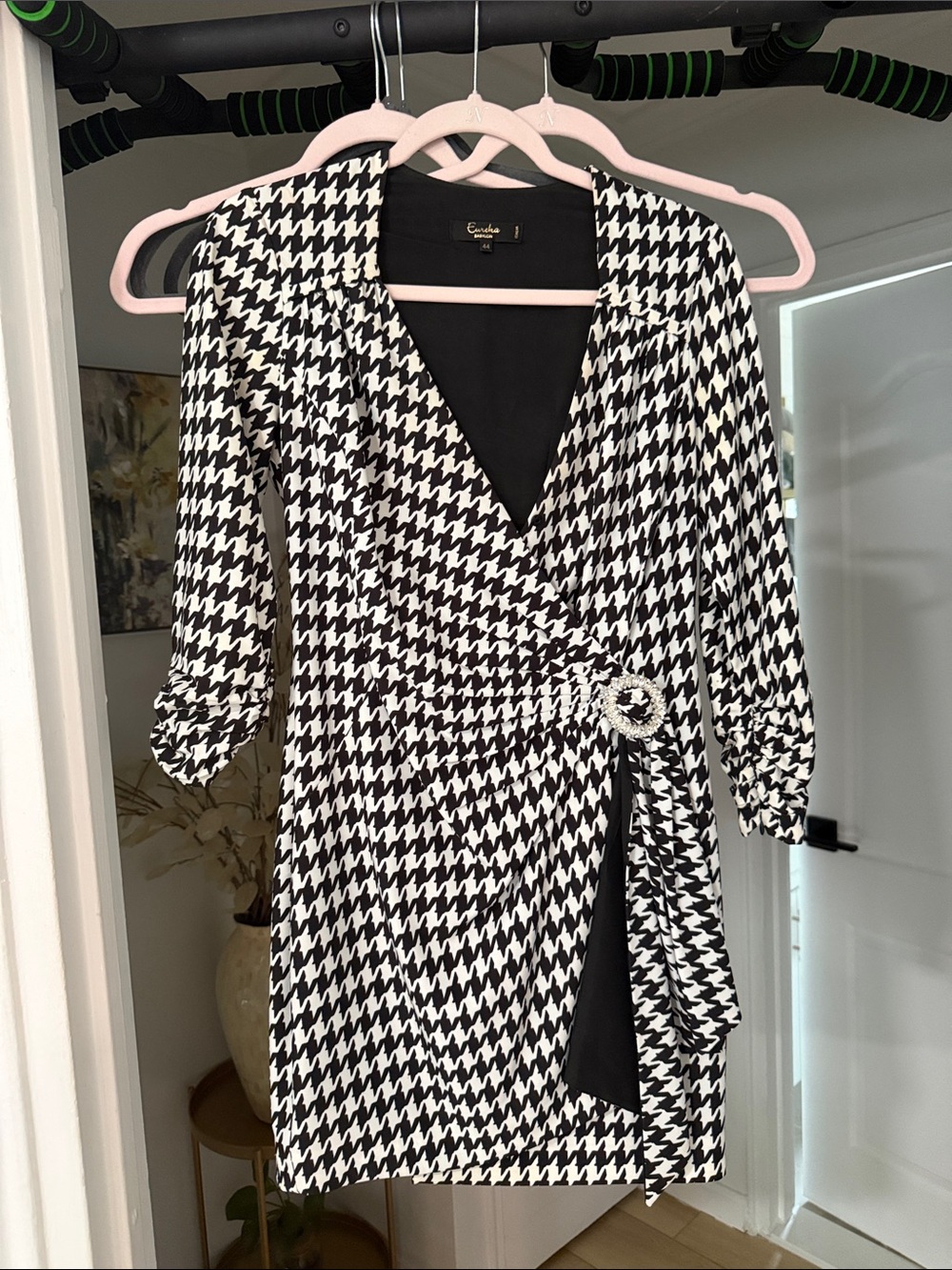 Black and White Houndstooth Midi Wrap Dress with Rhinestone Buckle